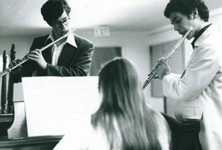 Teaching&mdash;students Gary Shocker and Jeffrey Khaner at a Julius Baker masterclass, where I assisted my former teacher